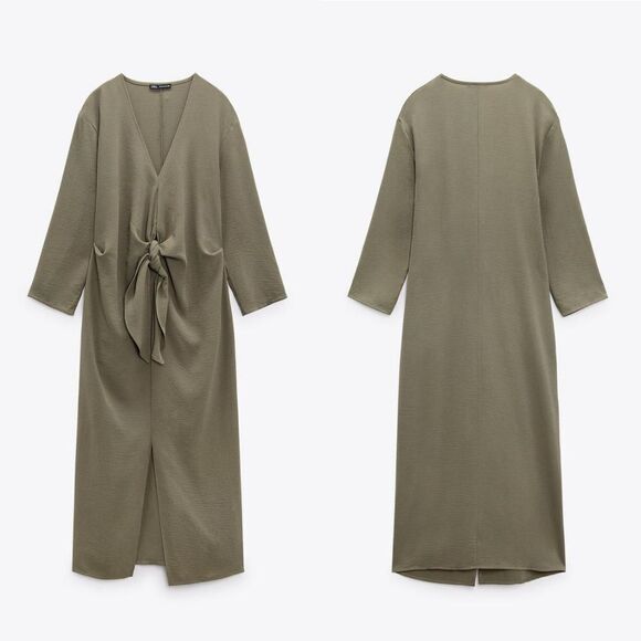 ZARA Fluid Knot Sage Green 3/4 Sleeve Draped Pleated Front Slit Midi Dress M - Picture 5 of 13